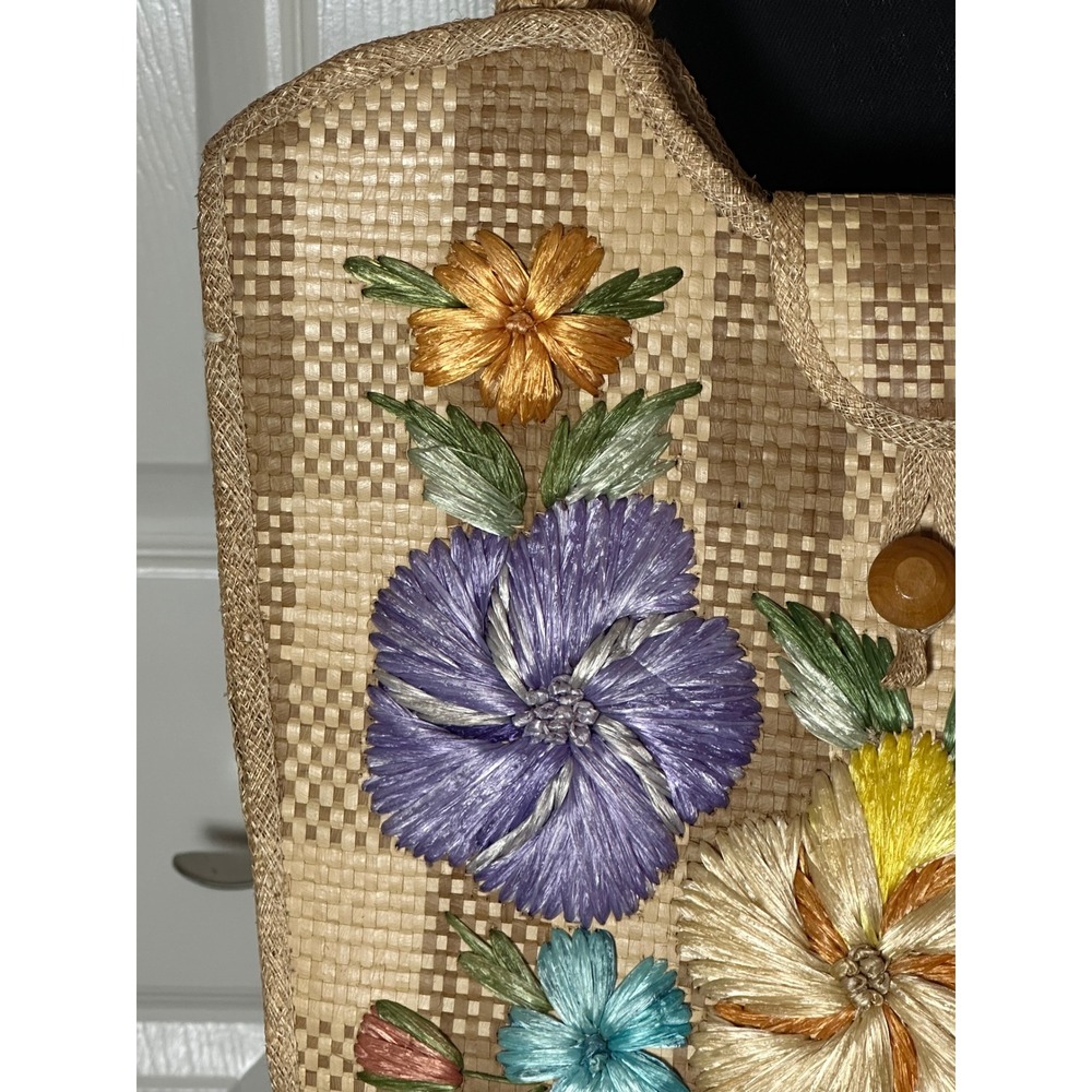 Vintage 1960s Bags By Whidby Inc. Raffia Straw Tote Bag 3D Floral Embroidery - Picture 3 of 11